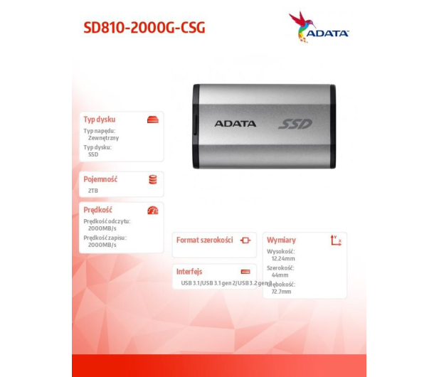 ADATA Dysk SSD External SD810 2TB USB3.2C 20Gb/s Srebrny - 1211896 - zdjęcie 6
